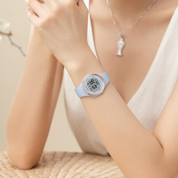 Unisex Light Blue Silicone Digital Gold Bezel Water-Resistant Alarm Stopwatch main image 4
